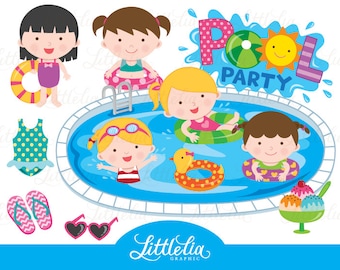 Clipart de fiesta en la piscina de chicas - clipart de fiesta en la piscina - imágenes prediseñadas de verano - 15012