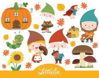 May include: A set of autumn-themed illustrations featuring gnomes, a pumpkin house, a caterpillar, mushrooms, acorns, and leaves. The gnomes are wearing red, blue, and green hats and have white beards. The pumpkin house has a door and windows. The caterpillar is green with a red scarf. The mushrooms are brown with white spots. The acorns are brown and have a cap. The leaves are red, orange, and yellow.