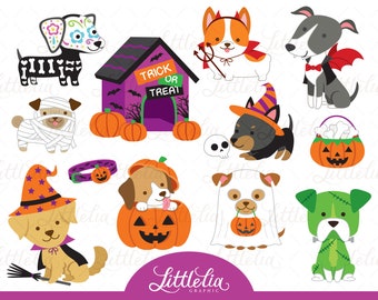 Puede incluir: Un conjunto de 10 ilustraciones de perros con temática de Halloween. Los perros están vestidos con disfraces como una momia, una bruja, un fantasma, un vampiro y un zombi. También hay una caseta para perros con las palabras "Trick or Treat" en ella.
