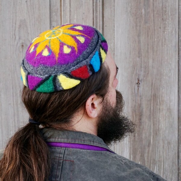 Hand felted skullcap, small round cap, colorful beanie, ethno fashion, felt hat for men or woman, bohemian oriental chic, tubeteika, OOAK