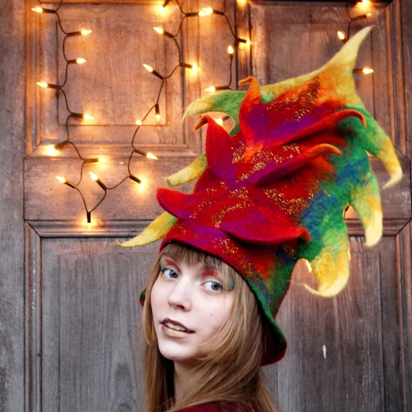 Carnival hat, designer hat, unique art hat, Christmas holiday, New Year hat, Costume hat, fancy felted hat with 3D elements, colorful. OOAK