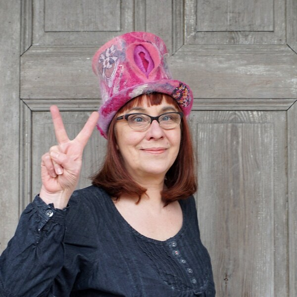 Pink Pussy top hat,  pussyhat project, Women's Rights Hat, feminist March hat, vagina pride, felted wool high hat, girl pussy power, OOAK