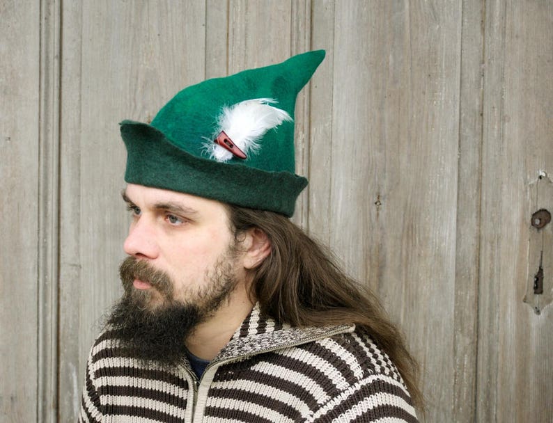 Unique felted medieval hat forest green woodland hat Robin image 0