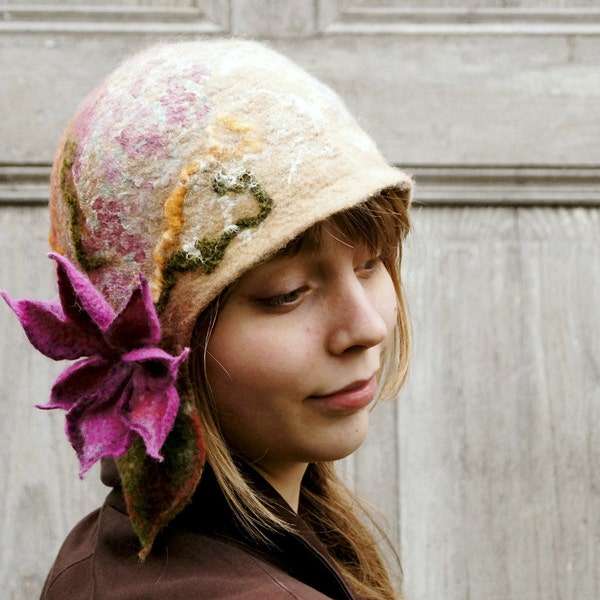 Unique felted hat , beige and orange with purple flower. OOAK