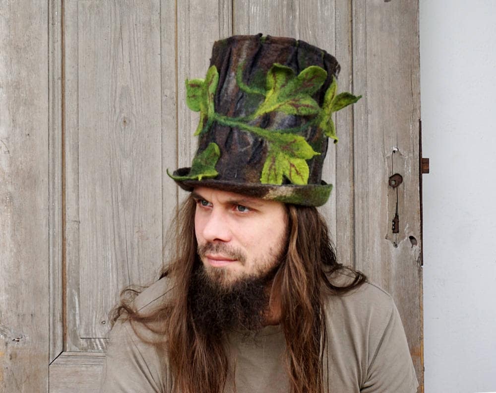 Unique Felted Top Hat, Woodland Hat, Forest Druid Wizard Hat