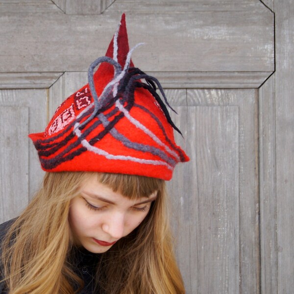 Unique felted hat, red hat with fancy tip and little dreadlocks, designers Avant Garde hat, winter fashion, OOAK