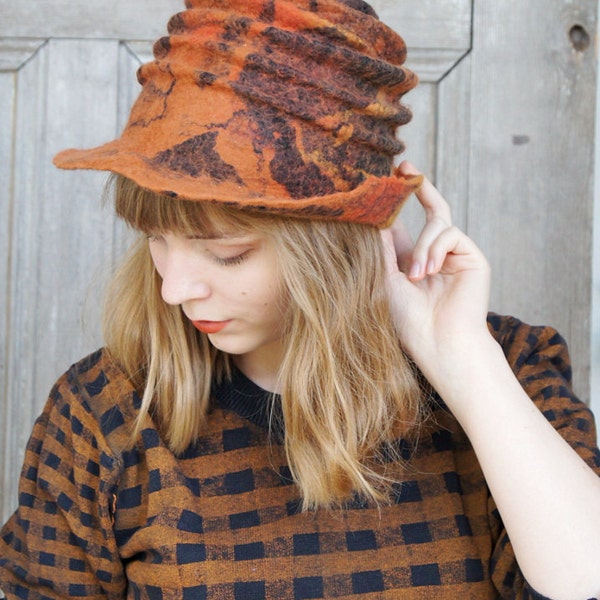 Unique spiral-shaped felted hat, winter fashion, shades of brown, rust and siena, nuno felted designer hat, wearable art, brimed hat, OOAK