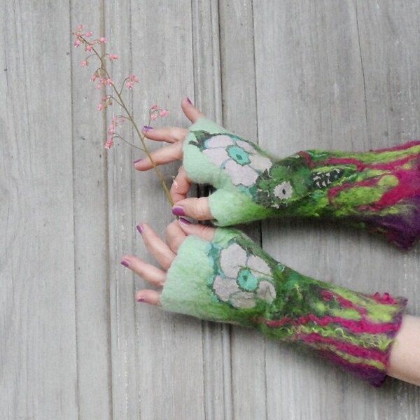 Hand felted mittens, fingerless gloves, wrist warmers in green and purple, decorated with vintage silk fabric and wool curls. OOAK