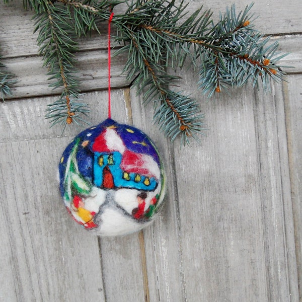 Christmas tree ornament, large felted Christmas ball with beautiful scene from small village, OOAK