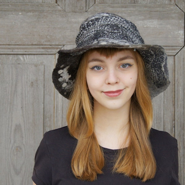 Unique elegant felted hat in shadows of gray with large brim . OOAK