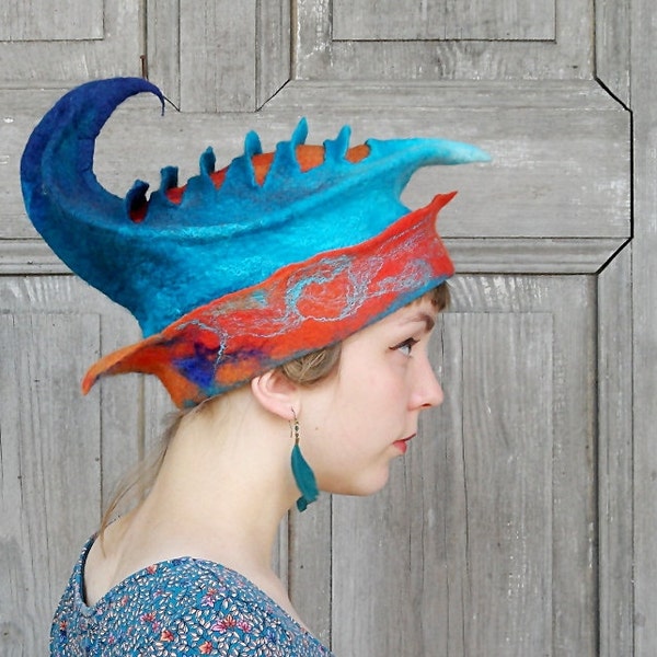 Unique fancy felted hat , designer hat, sculptural hat with 3D elements, winter fashion, blue turquoise hat with orange brim. OOAK