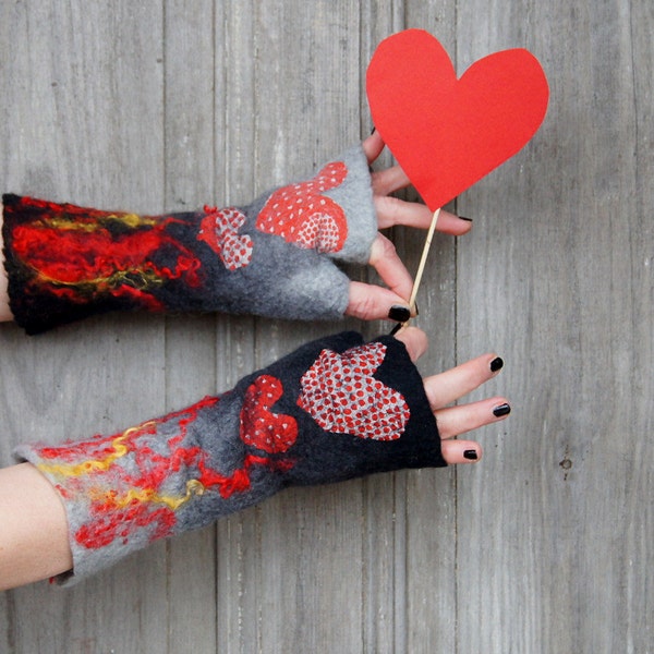 Long mittens, handfelted, decorated with dots fabric hearts and wool curls . OOAK