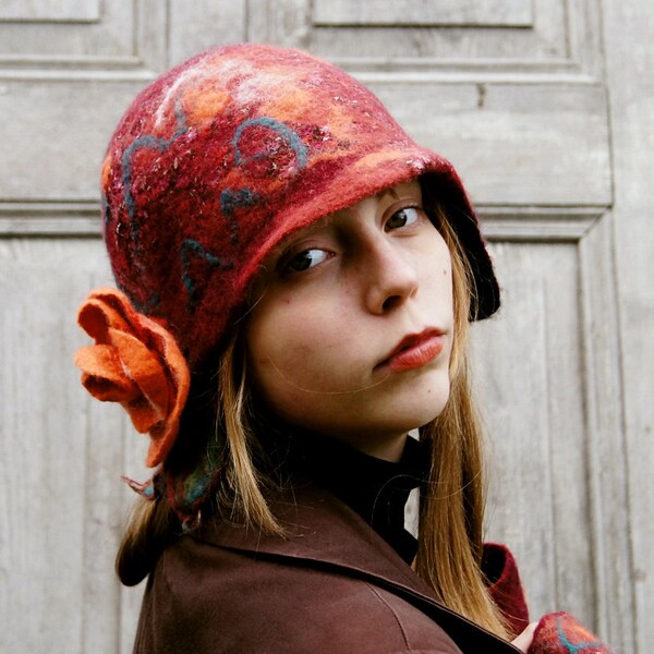 Unique felted hat , deep crimson and black with salmon rose. OOAK