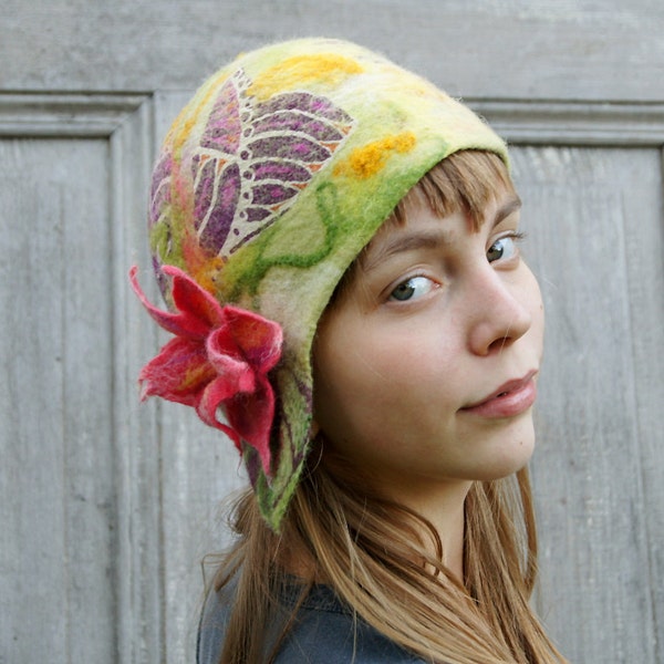 Unique felted hat , green and purple with pink flower. OOAK