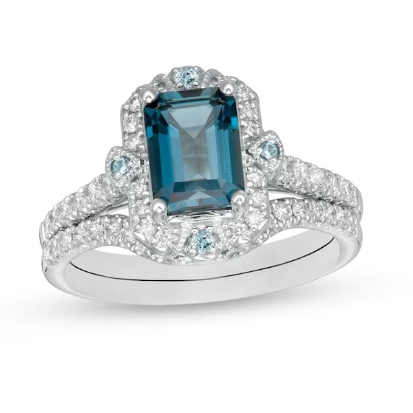 Enchanted Disney Cinderella Emerald Cut London Blue Topaz Engagement Rings Unique-style Diamond Curved Wedding Band Vintage-style Bridal Set