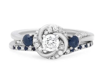 Vera Wang Love Collection Brilliant Round Cut Diamond and Sapphire Three-stone Ring Antique Flower Style Halo Engagement & Wedding Ring Set