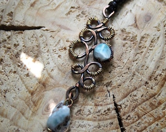Copper Larimar Pendant - Unique Bubble Wire Wrapped Necklace - Rare Blue Gemstone Jewelry, Avant Garde Statement Amulet