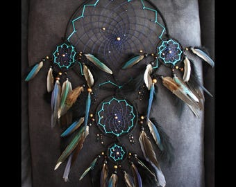 May include: A black dreamcatcher with turquoise accents and feathers. The dreamcatcher has three hoops, with the largest hoop being decorated with a web-like pattern. The feathers are a mix of black, brown, and turquoise.