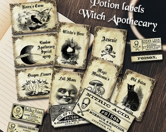 Witchcraft apothecary, potion labels, digital printable download