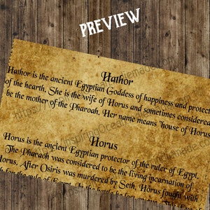 May include: A vintage-style image with text about the ancient Egyptian gods Hathor and Horus. Hathor is described as the Goddess of happiness and protectress of the hearth, while Horus is described as the protector of the ruler of Egypt.
