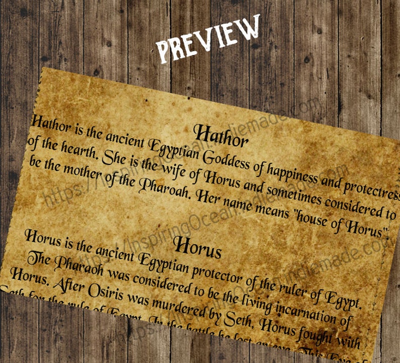 May include: A vintage-style image with text about the ancient Egyptian gods Hathor and Horus. Hathor is described as the Goddess of happiness and protectress of the hearth, while Horus is described as the protector of the ruler of Egypt.