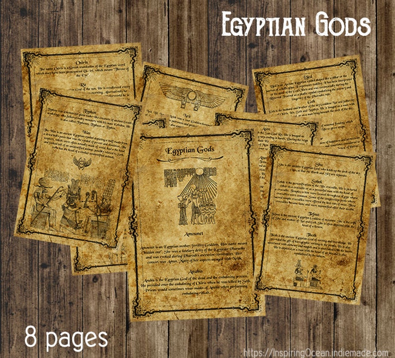 May include: An 8-page printable guide to Egyptian Gods. Each page features a different god or goddess with an illustration and description. The pages are designed to look like ancient scrolls with a distressed, aged paper texture.