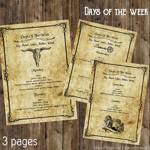 Grimoire pages, days of the week, instant digital download