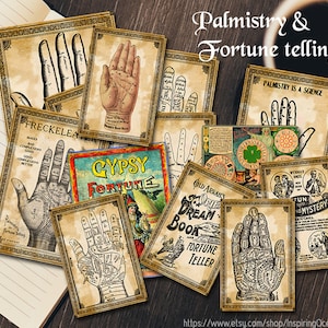 Palmistry & Fortune telling digital printables, 13 vintage images