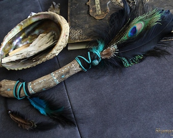 Shaman feather smudging cleansing fan, stick, with apatite stone