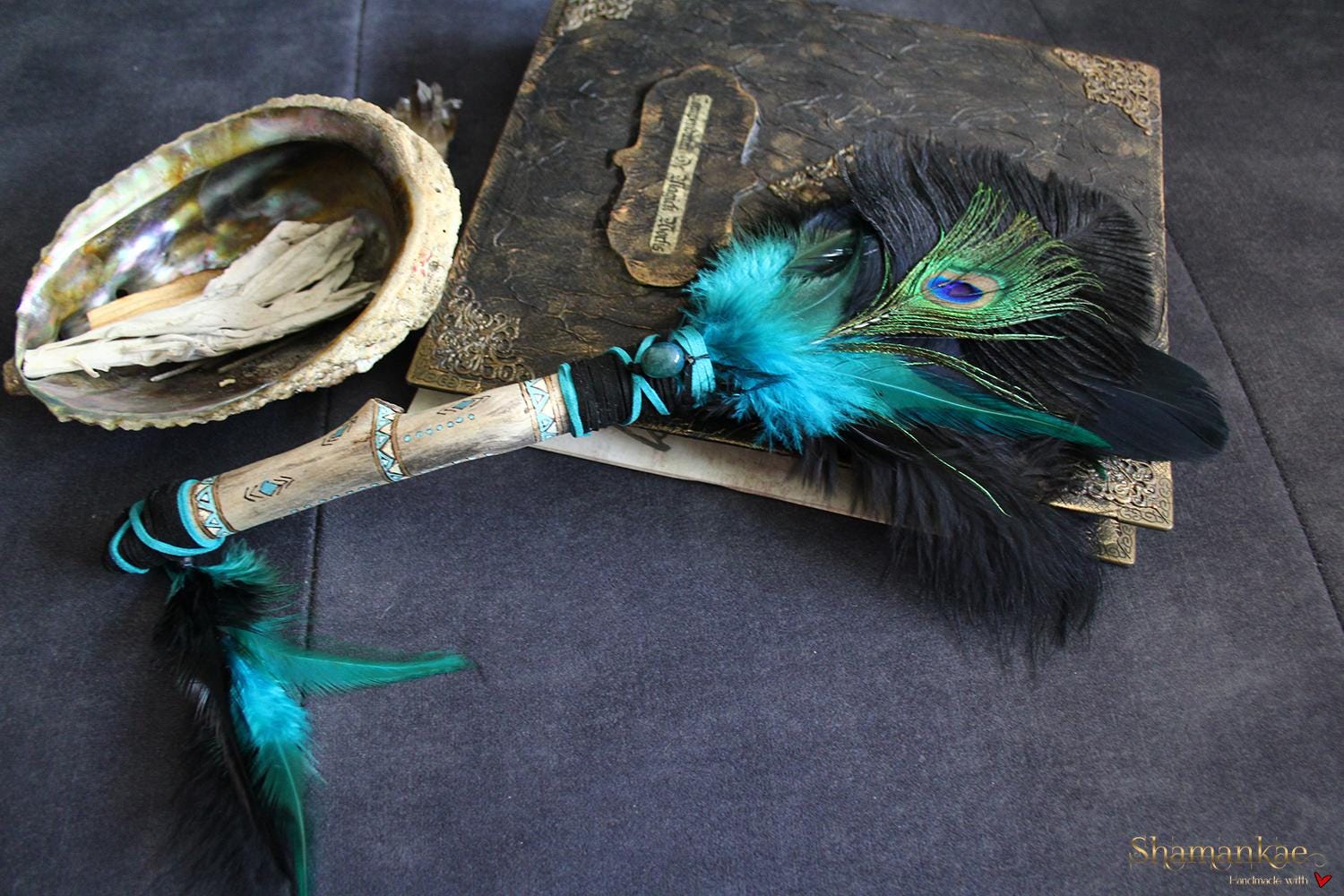 Shaman feather smudging cleansing fan, stick, with apatite stone