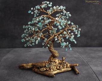 Handmade wire tree sculpture with apatite crystals and cat figurine