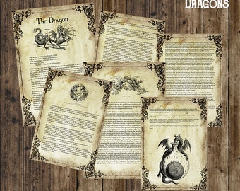 Dragons, Book of shadows, Grimoire pages,  instant digital download, printable