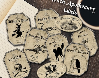 Witchcraft apothecary, potion labels, digital printable download
