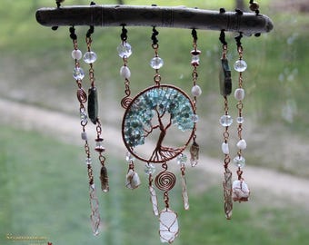 Apatite stones Suncatcher for Window Hanging | Rainbow Maker Prism | Wire Wrapped Tree of Life Decor | Boho Home Crystal Gift for Her