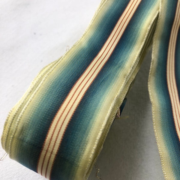 Antique French Rayon Taffeta Green Ombré Striped Ribbon, Border Trim, Wire Edge Ribbon Trims. Late 19th Century Passementerie!