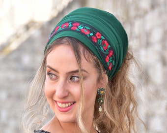 Green Soft Headband Tichel, Snood, Head Scarf, Head Covering, Jewish Headcovering, Scarf, Bandana, Apron