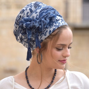 Amazing Soft Blue White Headscarf TICHEL, Hair Snood, Head Scarf, Head Covering, Jewish headcovering, Scarf, Bandana, Apron image 9