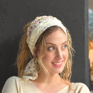 WHITE WISTERIA Headband Tichel, Snood, Head Scarf, Head Covering, Jewish Headcovering, Scarf, Bandana, Apron