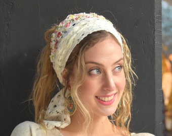 WHITE WISTERIA Headband Tichel, Snood, Head Scarf, Head Covering, Jewish Headcovering, Scarf, Bandana, Apron