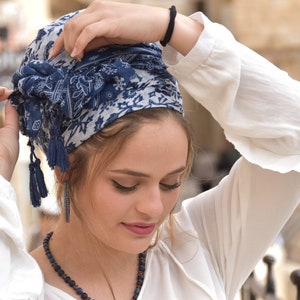 Amazing Soft Blue White Headscarf TICHEL, Hair Snood, Head Scarf, Head Covering, Jewish headcovering, Scarf, Bandana, Apron image 6