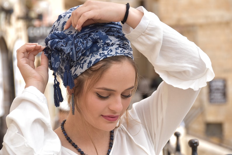 Amazing Soft Blue White Headscarf TICHEL, Hair Snood, Head Scarf, Head Covering, Jewish headcovering, Scarf, Bandana, Apron image 6