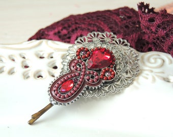 Stately Silver Red color Hair Pin handmade by Sara Attali for your hair or on your tichel Clips bobby hairclips pin hair pin vintage pin