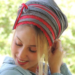 Amazing Grey Red Laces Tichel, Hair Snood, Head Scarf, Head Covering, Jewish Headcovering, Scarf, Bandana, Apron