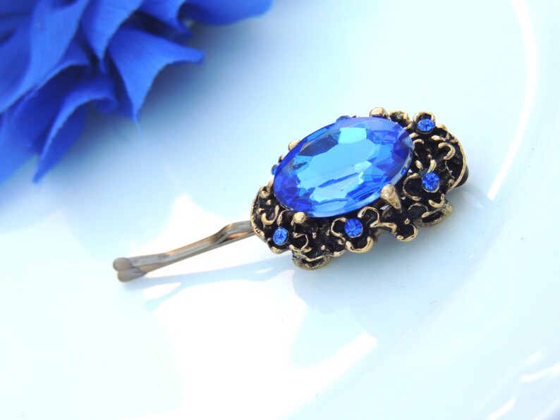 Royal Vintage Antique Style hair pin, bridal hairpin, jewelry, Bronze Hair Clip, Amazing Vintage Style Pin with Blue Stone, Bobby Pins image 4