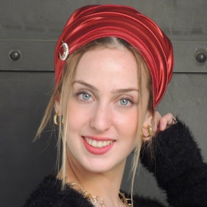Red Stretched Satin Turban Sinar Tichel, Hair Snood, Head Scarf, Head Covering, Jewish Headcovering, Scarf, Apron