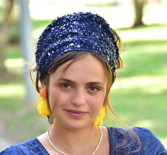 Navy Luxe Headband Handmade, Bandana, Tichel, Chemo, Hair  display picture 1