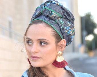 Magnolia Sweet Denim Headband tichel  ,Snood, Head Scarf, Head Covering, Jewish Headcovering, Scarf, Bandana, Apron