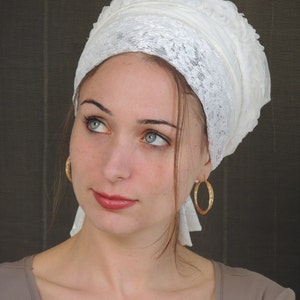 White Shabbat Sinar Tichel, Hair Snood, Head Scarf, Head Covering, Jewish Headcovering, Scarf, Bandana, Apron image 1