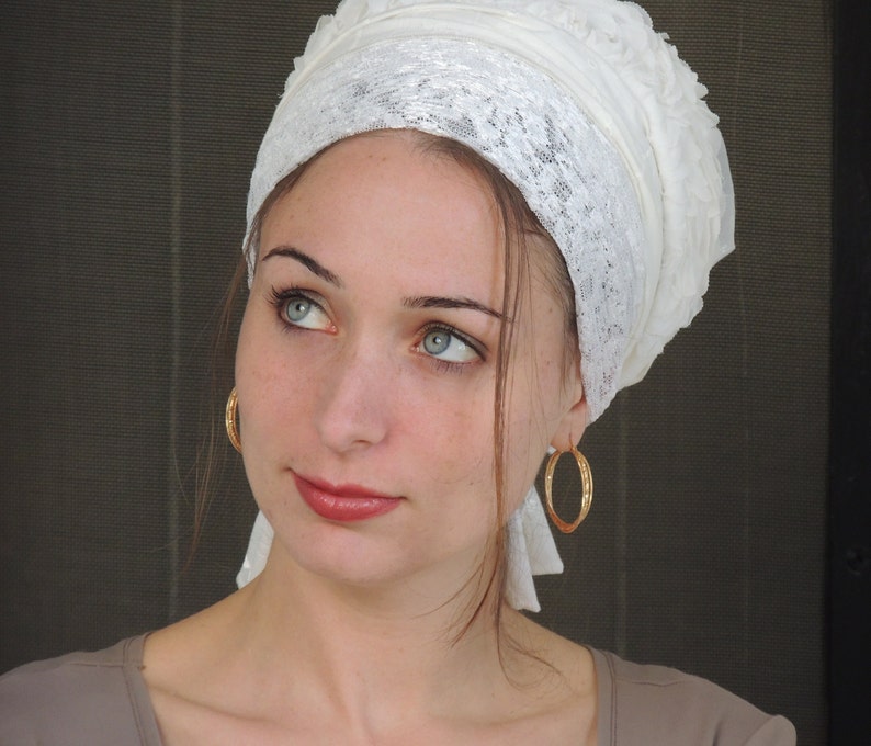 White Shabbat Sinar Tichel, Hair Snood, Head Scarf, Head Covering, Jewish Headcovering, Scarf, Bandana, Apron image 1