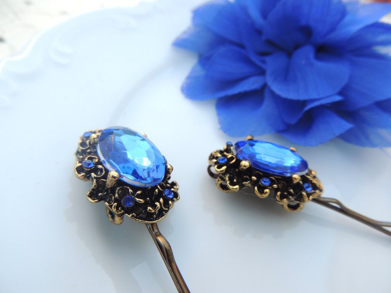 Royal Vintage Antique Style hair pin, bridal hairpin, jewelry, Bronze Hair Clip, Amazing Vintage Style Pin with Blue Stone, Bobby Pins image 5